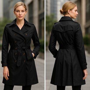 Dawn Levy Black Trench Coat S Removable Quilted Liner Belted Double Double Breas